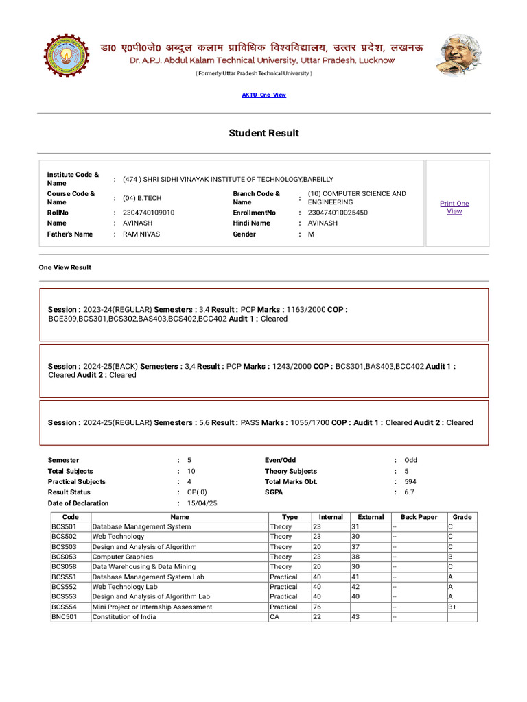 AKTU B.Tech Computer Science Results | PDF