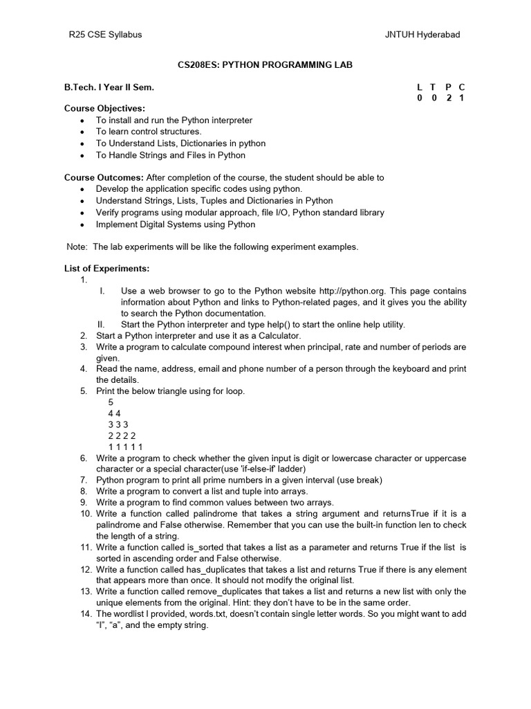 Python Programming Lab Syllabus | PDF | Python (Programming Language ...