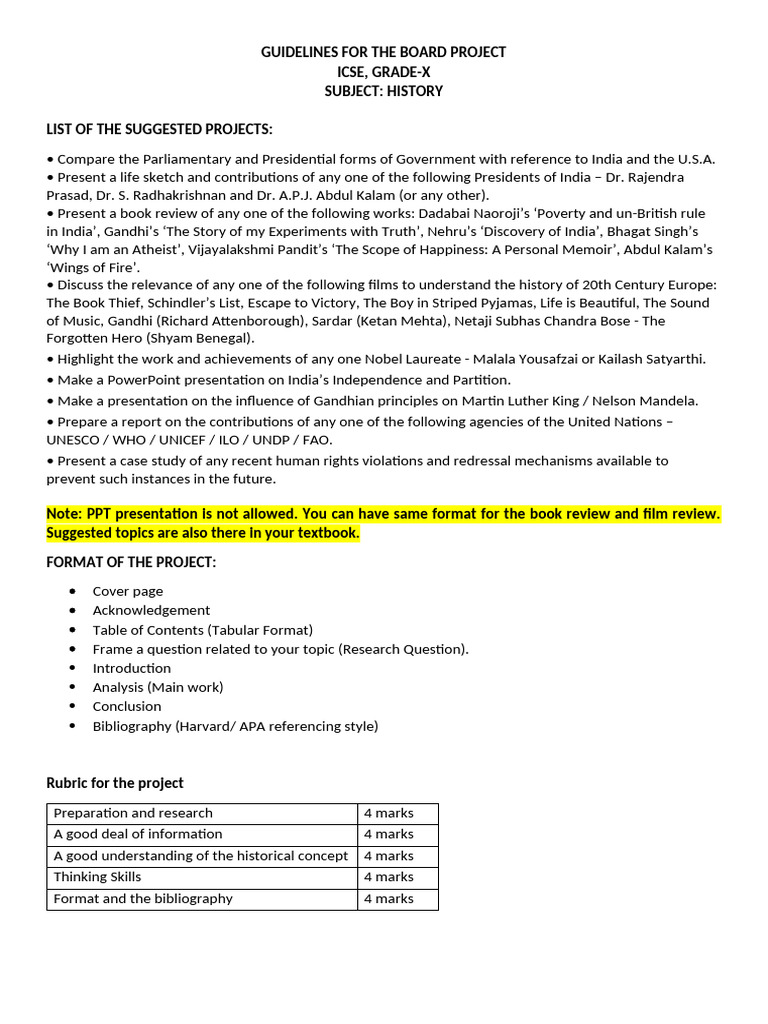 Grade X History Project Guidelines | PDF