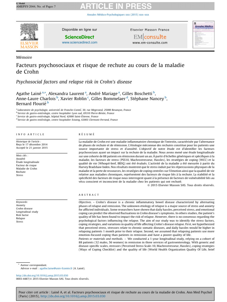 Facteurs Psychosociaux Et Risque de Rechute Au Cours d'Une Maladie de — free download