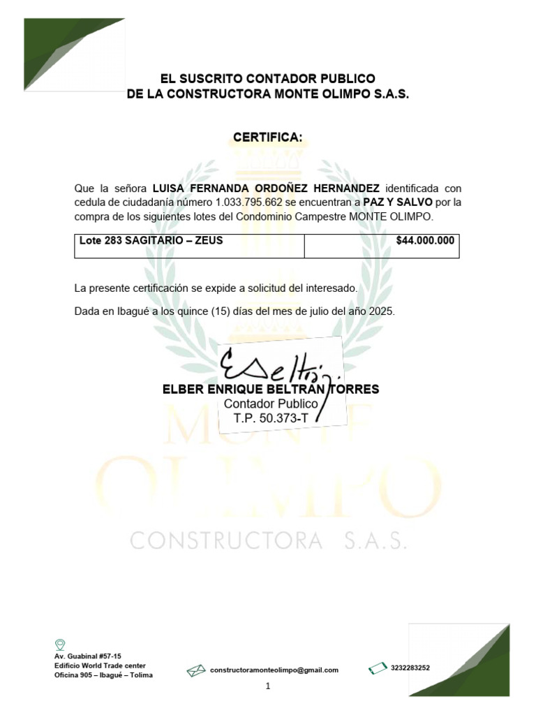 Certificación de Paz y Salvo - Monte Olimpo | PDF