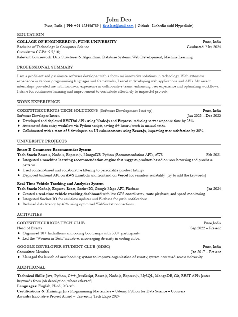 Software Developer Resume - John Deo | PDF | Web Development | Computer ...