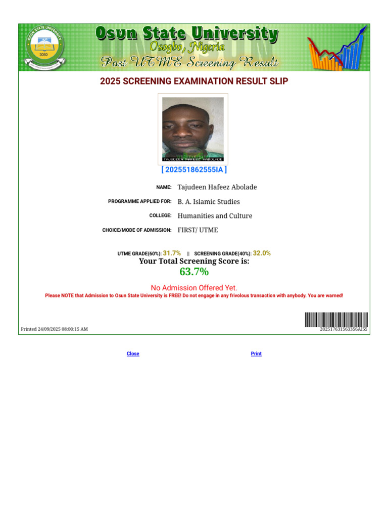 2025 Screening Exam Result Slip | PDF