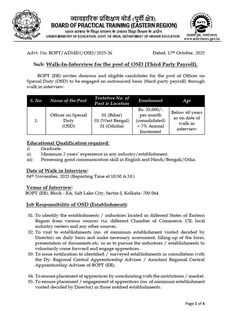 Walk-In Interview for OSD Position | PDF | Apprenticeship