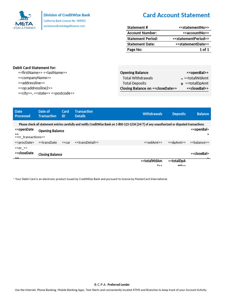 CreditWize Bank Debit Card Statement | PDF | Banks | Debit Card