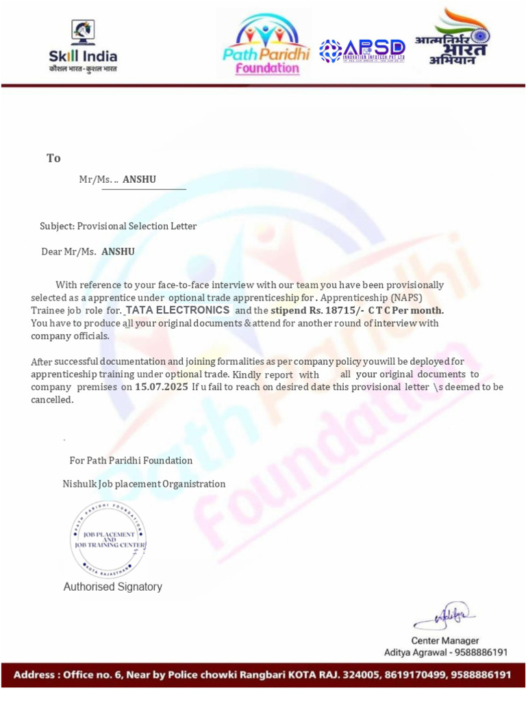 Provisional Selection Letter for Apprenticeship | PDF