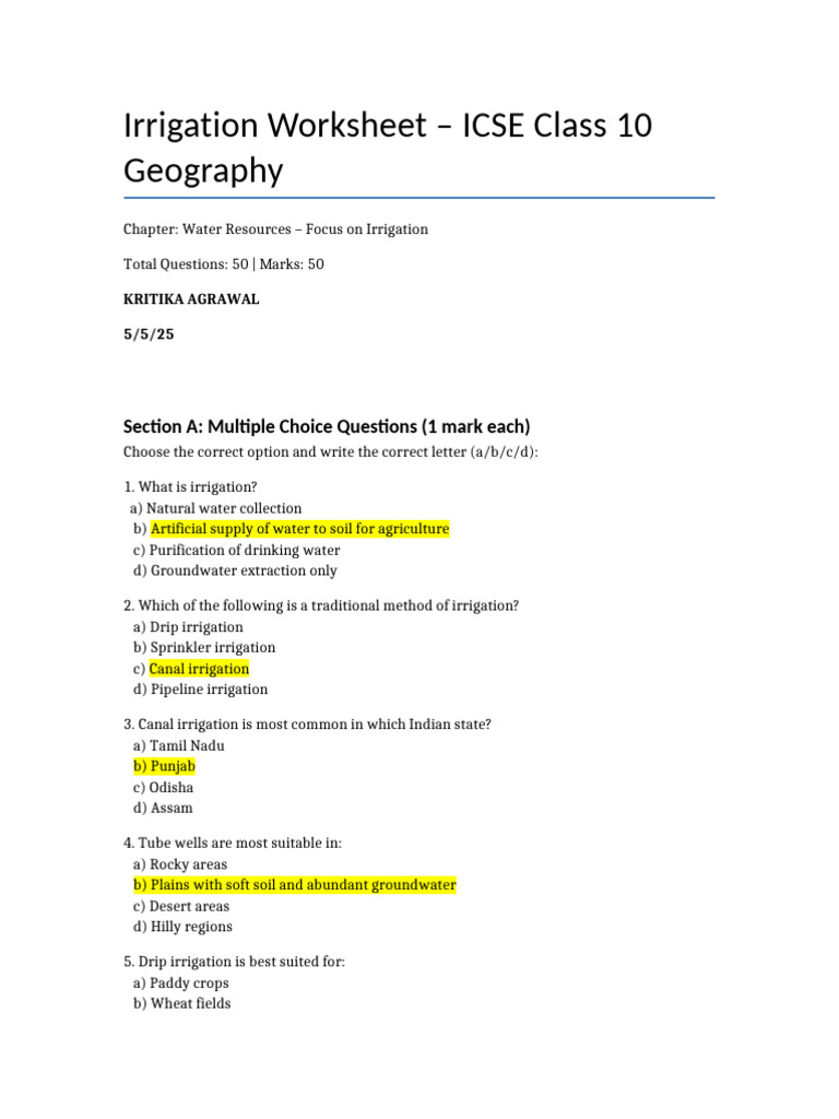 ICSE Class 10 Irrigation Worksheet | PDF | Irrigation | Water