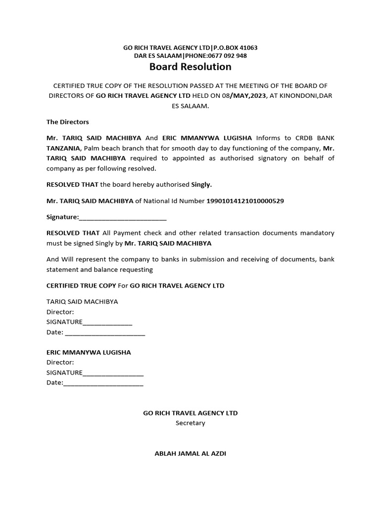 Board Resolution for Go Rich Travel Agency | PDF