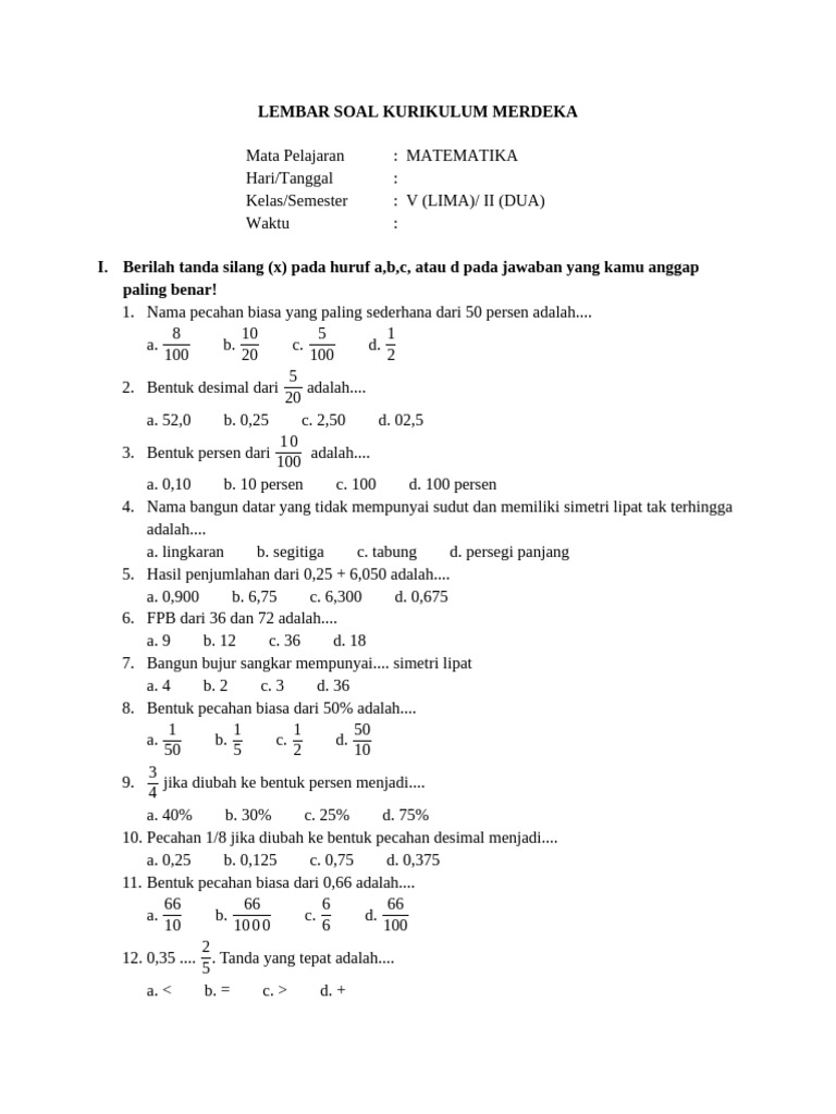 Soal Matematika Kelas 5 Kurikulum Merdeka | PDF
