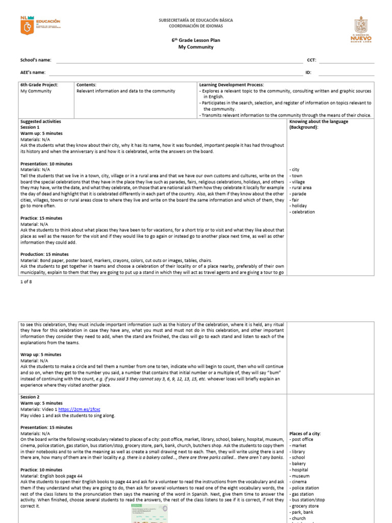 6th Grade LP- My Community | PDF | English Language | Human Communication