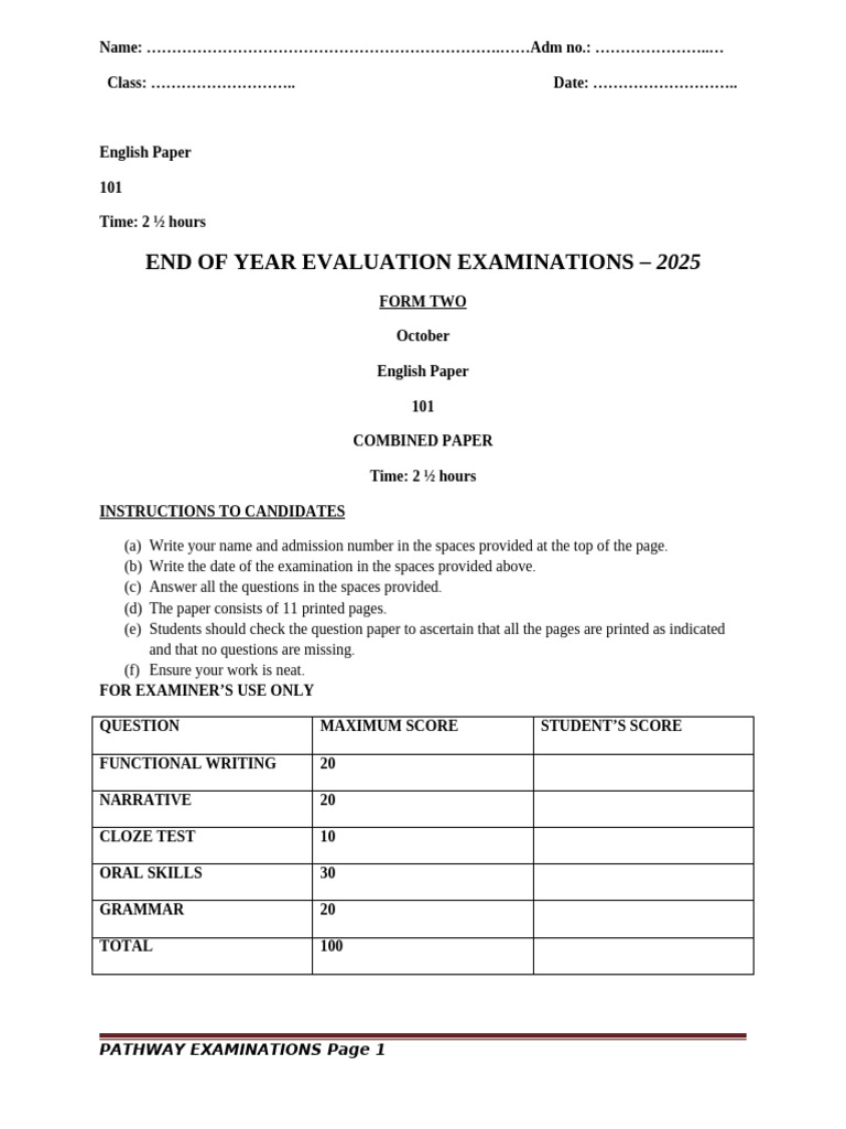 Form Two English Exam Paper 2025 | PDF