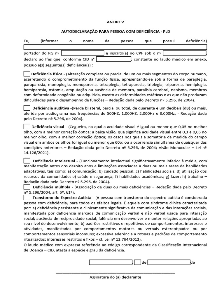 Autodeclaração de Deficiência PcD | PDF | Autismo | Deficiência visual
