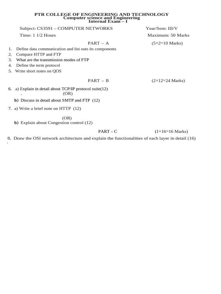 CS3591 Computer Networks Exam Paper | PDF
