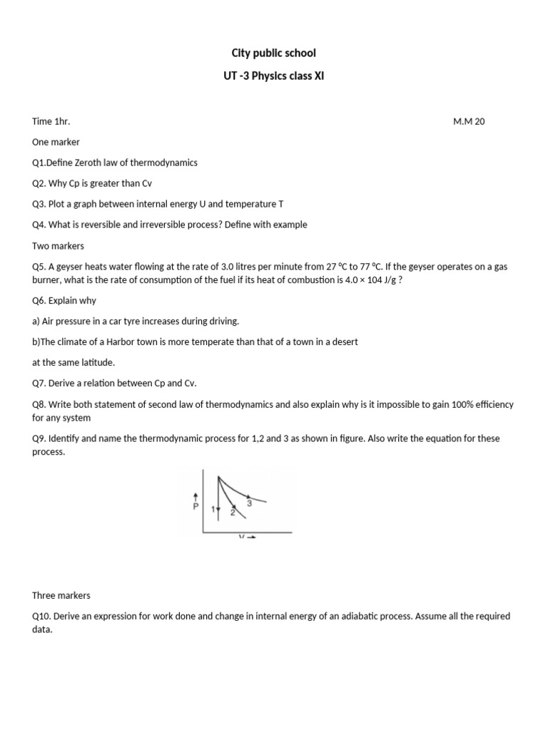 Class XI Physics Exam: Thermodynamics Questions | PDF