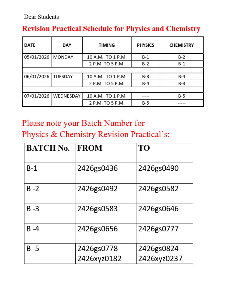 Physics and Chemistry Revision Practical Schedule | PDF