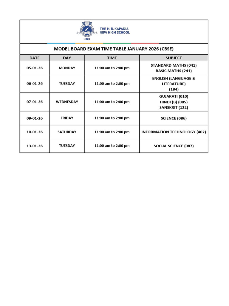 CBSE January 2026 Model Exam Schedule | PDF