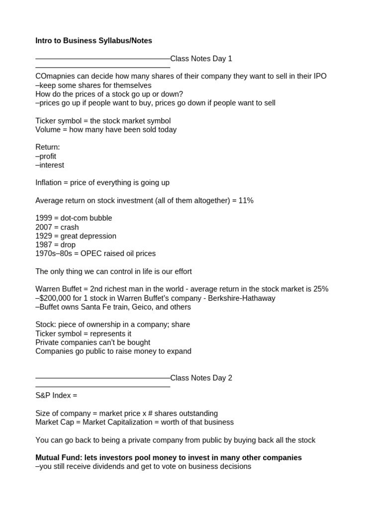 Intro to Business Syllabus & Notes | PDF | Bonds (Finance) | Stocks