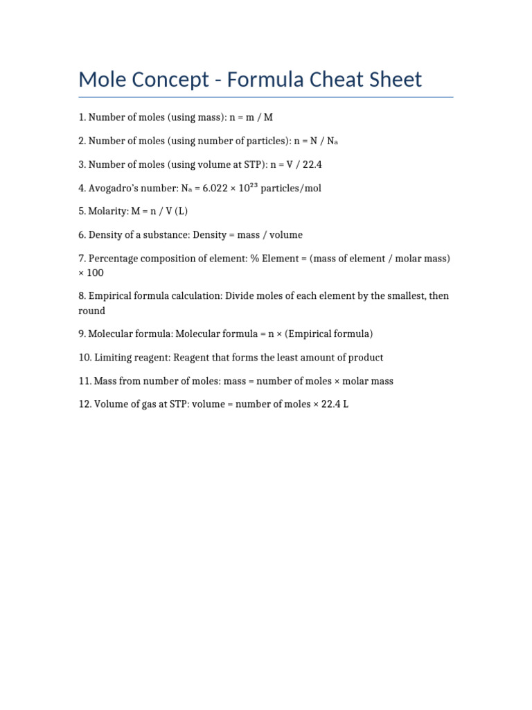 Mole Concept Formula Cheat Sheet | PDF