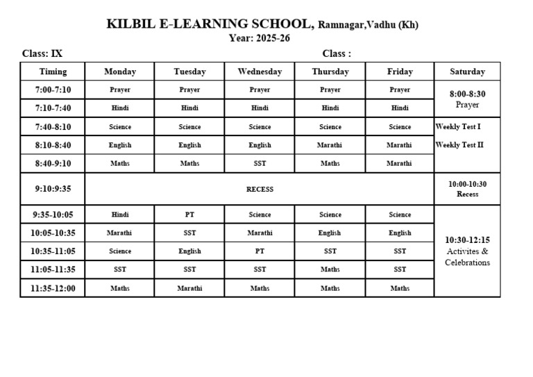 Kilbil E-Learning School Class IX Schedule | PDF