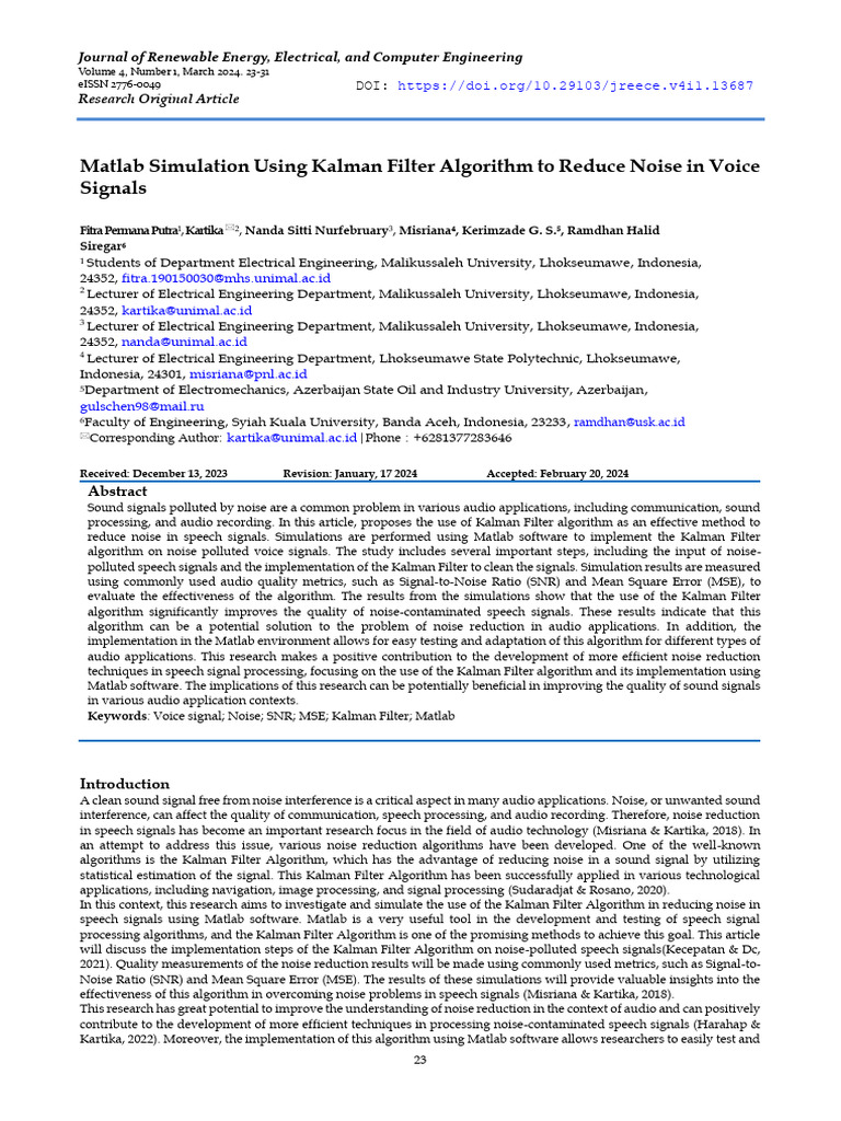 Kalman Filter for Noise Reduction in Voice Signals | PDF | Signal To ...