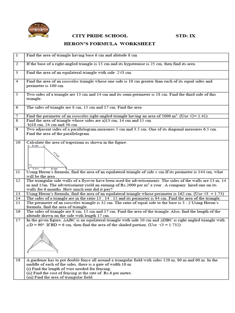 Herons Formula Worksheet | PDF | Area | Triangle