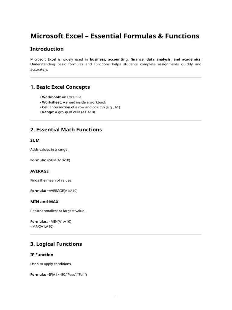 Essential Excel Formulas & Functions Guide | PDF