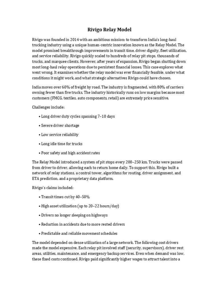 Rivigo Relay Model: Challenges & Solutions | PDF | Truck Driver | Economies