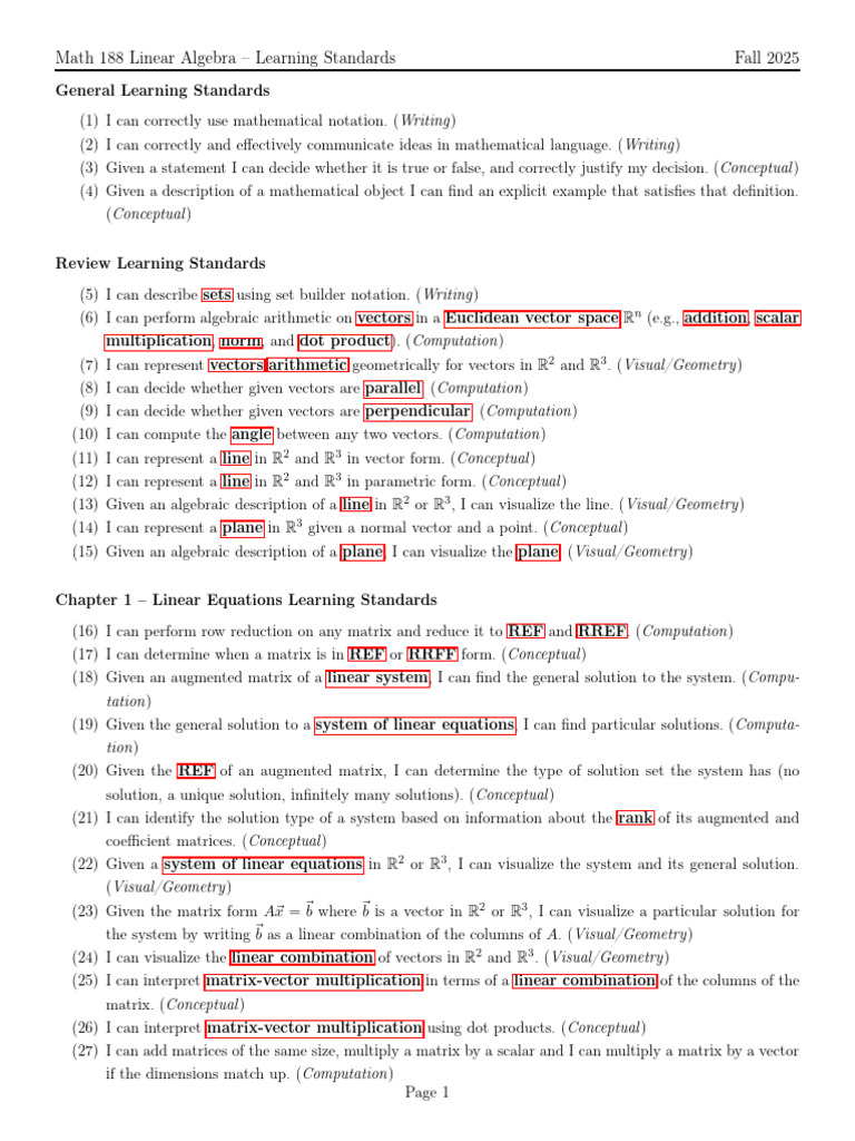Math 188 Linear Algebra Standards 2025 | PDF | Eigenvalues And ...