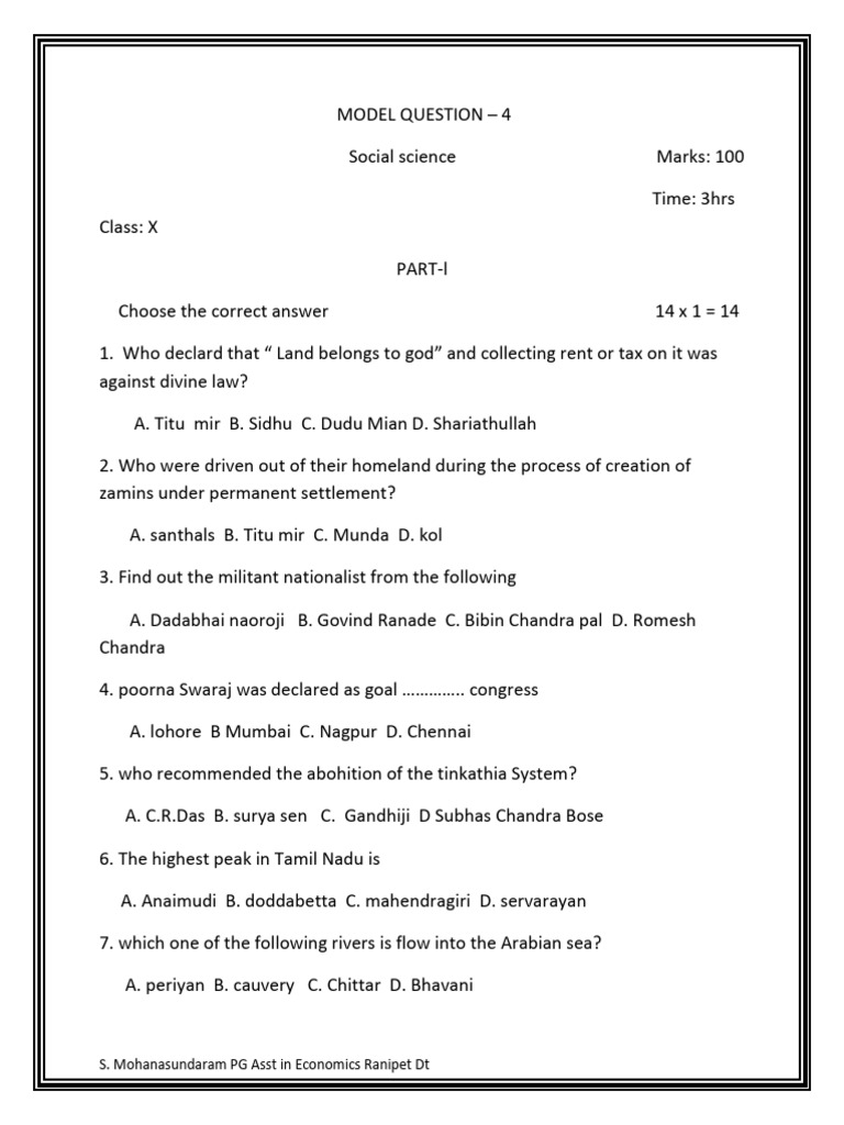 10th Social EM Public Exam Model Question Paper 4 English Medium PDF ...