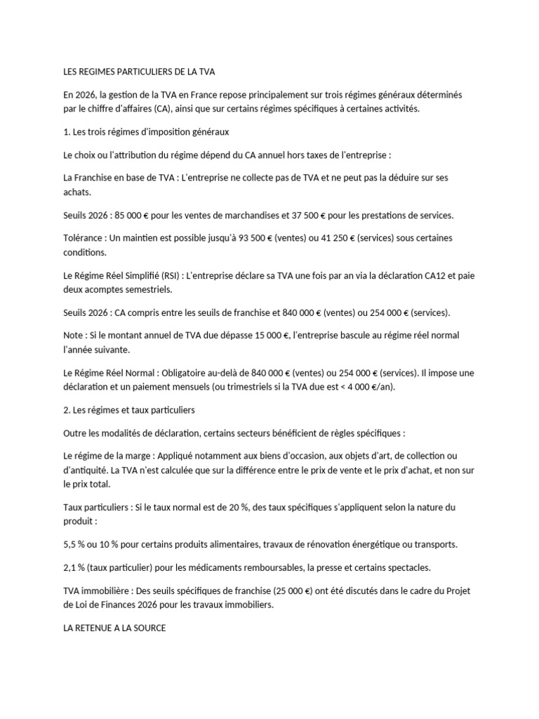 Régimes de TVA et Retenue à la Source 2026 | PDF | Impôts | Financement ...