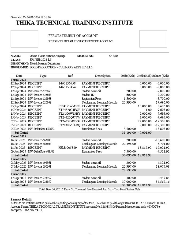 Thika Technical Institute Fee Statement | PDF | Payments | Personal Finance