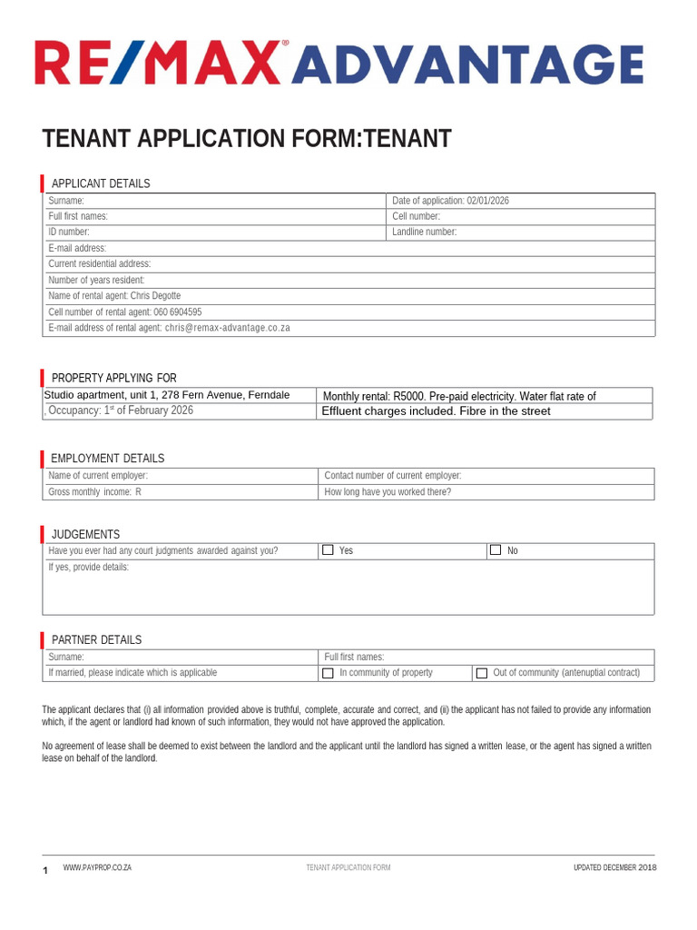 278 Fern Av Tenant application R5000 unit 1 FEB 2026 | PDF | Leasehold ...
