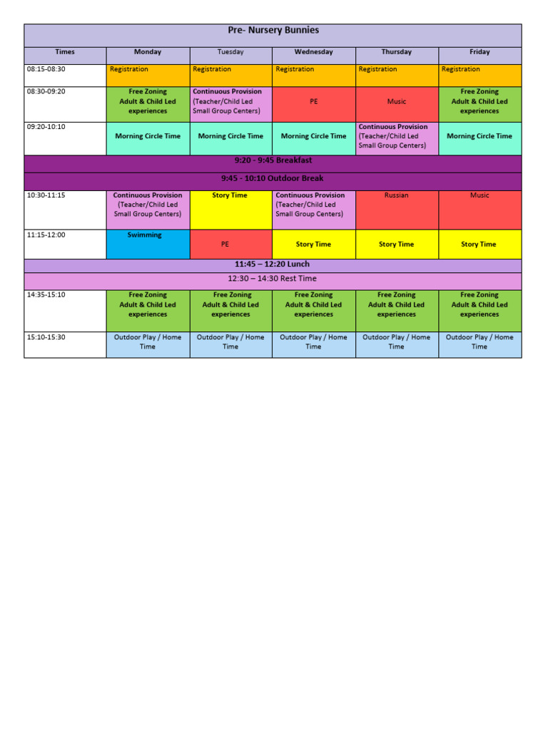 Timetable of Pre- Nursery Bunnies 2025-2026 | PDF