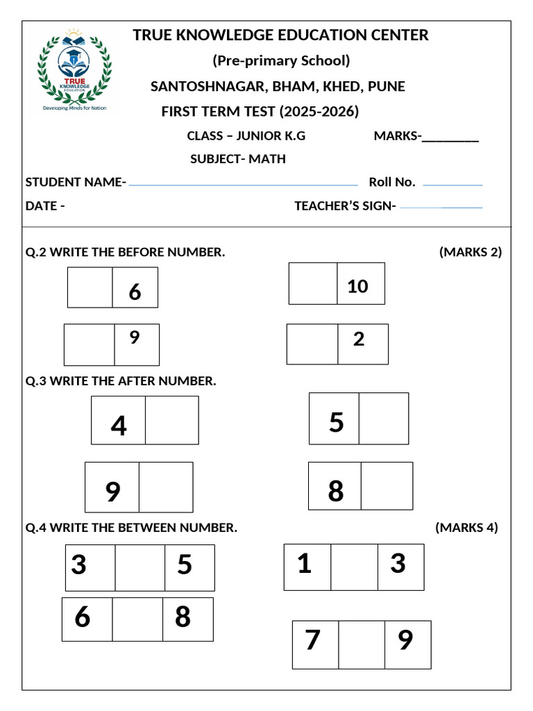 Junior KG Math Test 2025-2026 | PDF