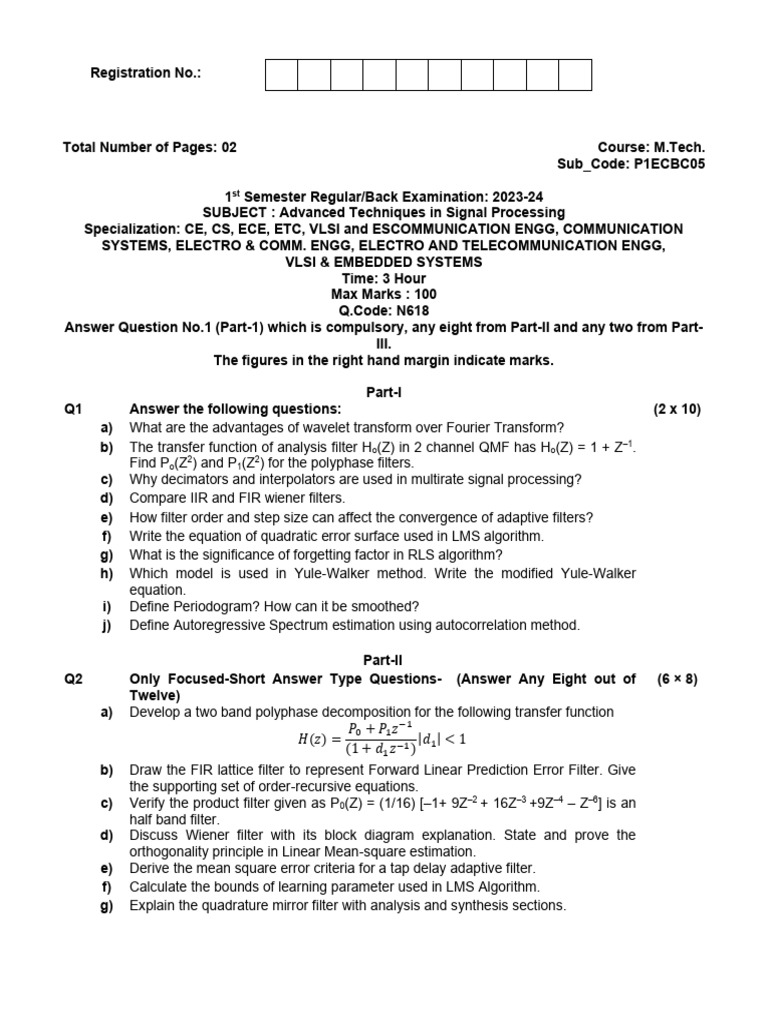 Mtech 1 Sem Advanced Techniques in Signal Processing p1ecbc05 2024 ...