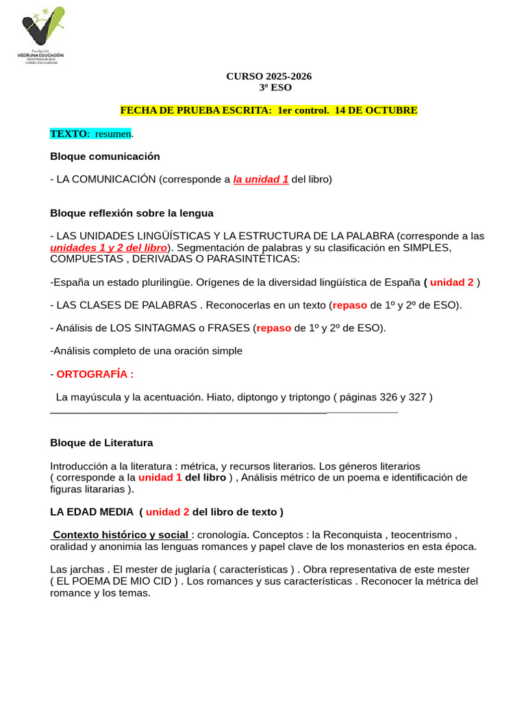 Contenidos 3º ESO: Lengua y Literatura | PDF