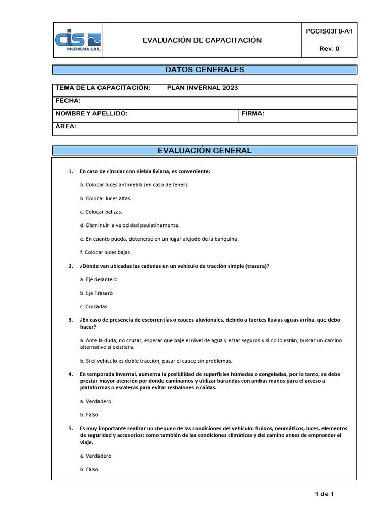 PGCIS03F8 - A1 Evaluación de Capacitación - Plan Invernal 2023 | PDF