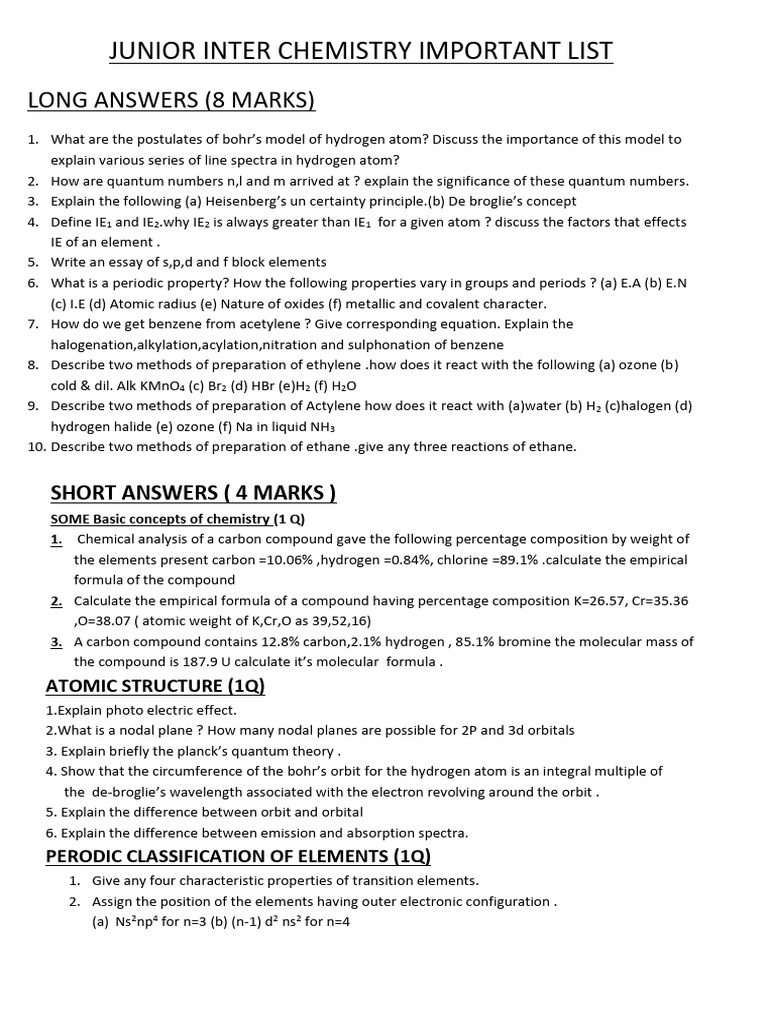 Junior Inter Chemistry Key Topics List | PDF | Chemical Bond | Chemical ...
