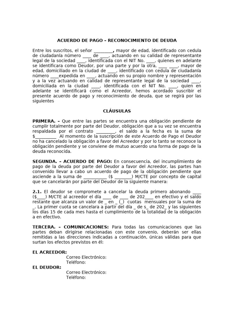 Modelo Acuerdo de Pago | PDF | Pagos