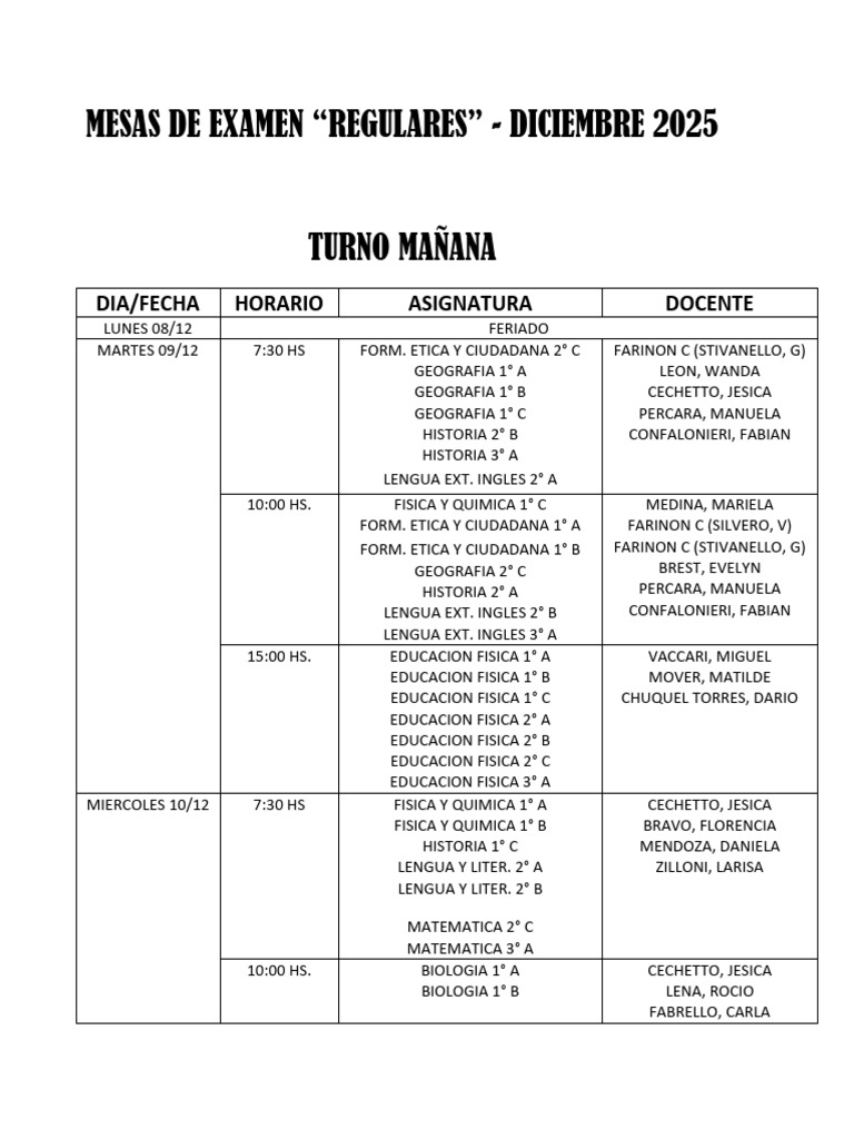 Mesas de Examen Diciembre 2025 | PDF