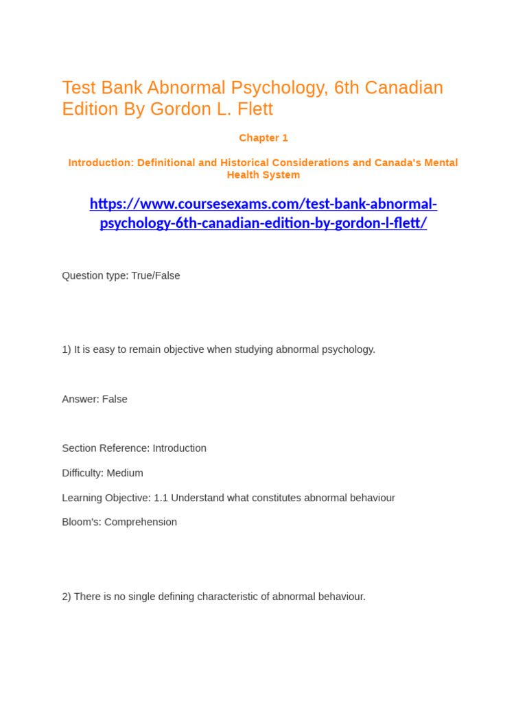 Test Bank for Abnormal Psychology 6th Edition | PDF | Psychiatry | Psychiatric Hospital