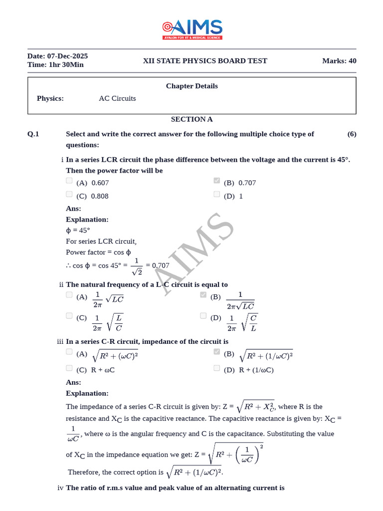 XII State Physics Board Test: AC Circuits | PDF | Electrical Impedance ...