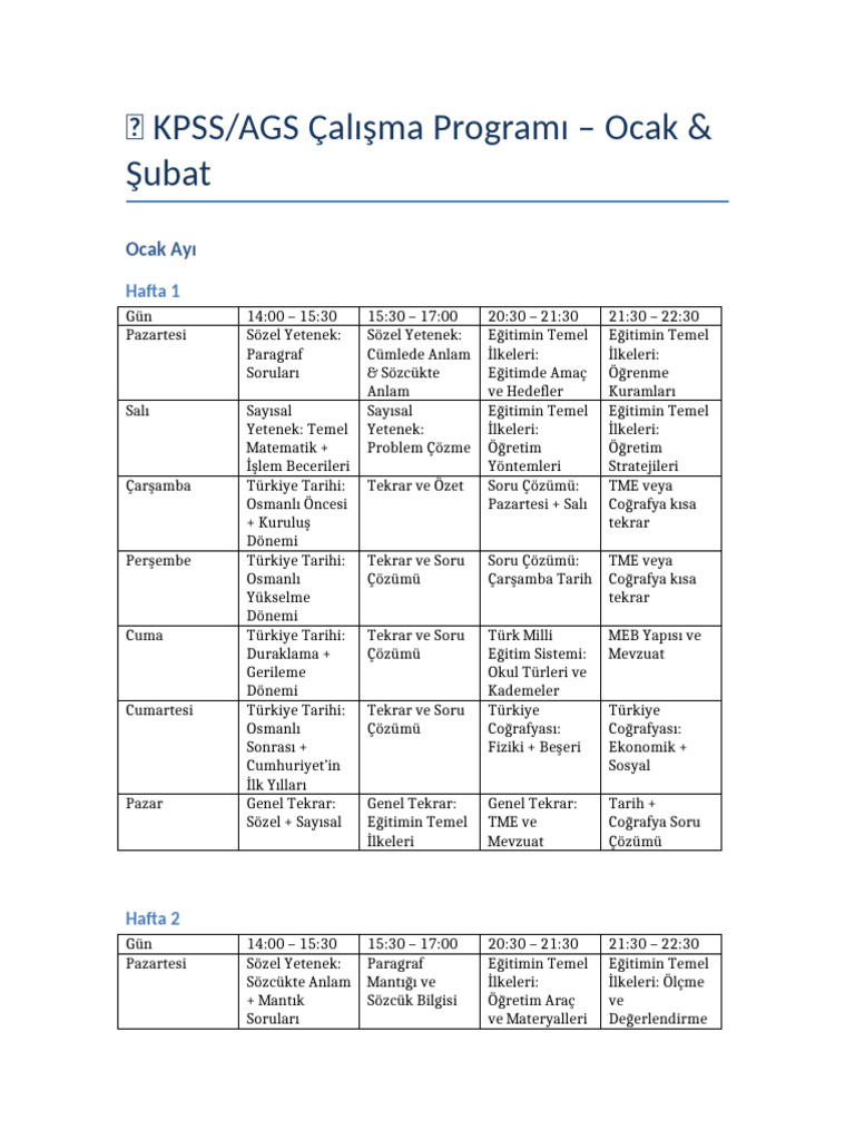 KPSS AGS Calisma Programi Ocak Subat Tam | PDF