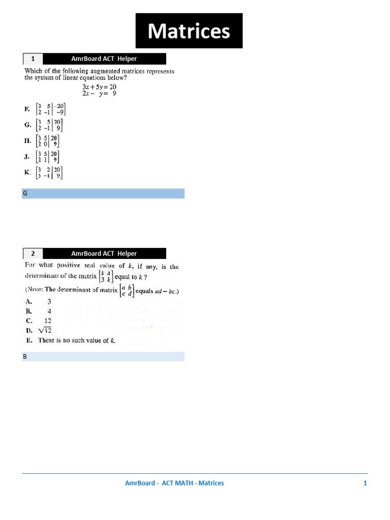 ACT Math Guide: Understanding Matrices | PDF
