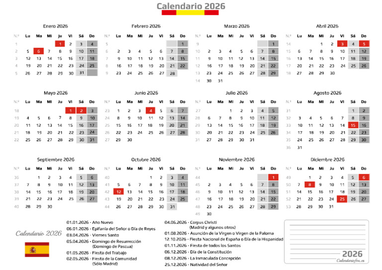 Calendario 2026 con Festivos Españoles | PDF | Pascua de Resurrección