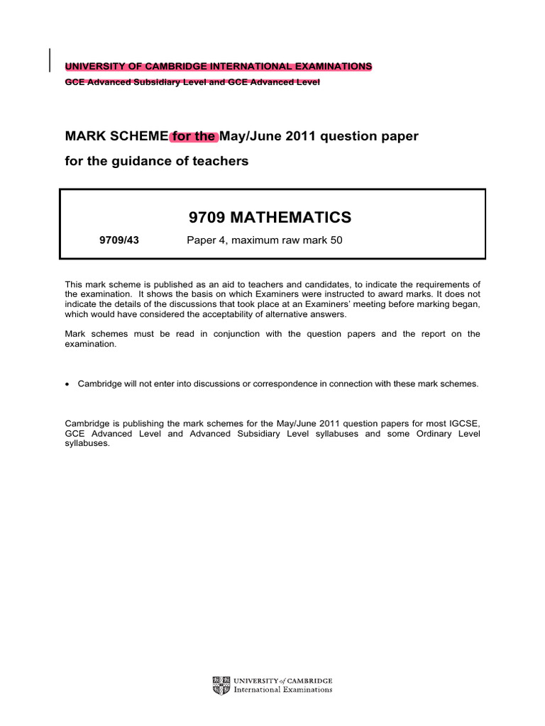 Cambridge GCE A Level Math Mark Scheme | PDF | Mathematics