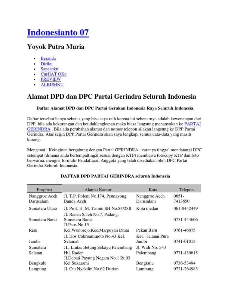 Alamat DPD dan DPC Partai Gerindra | PDF