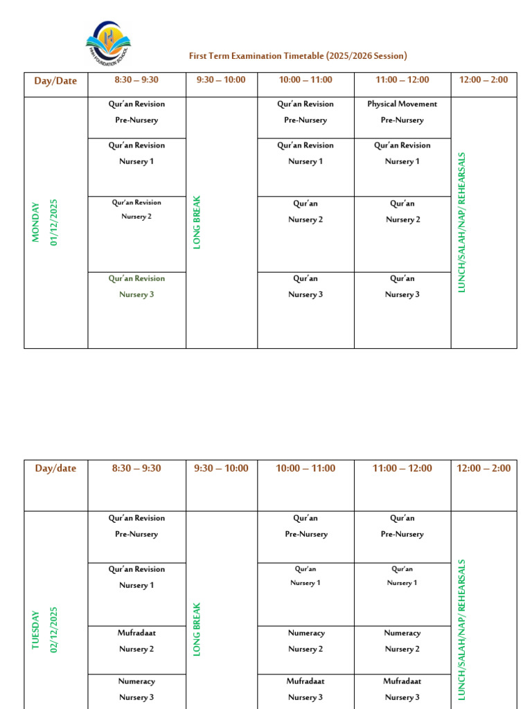 2025/2026 First Term Exam Timetable | PDF