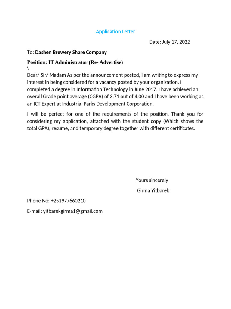 IT Administrator Application Letter | PDF