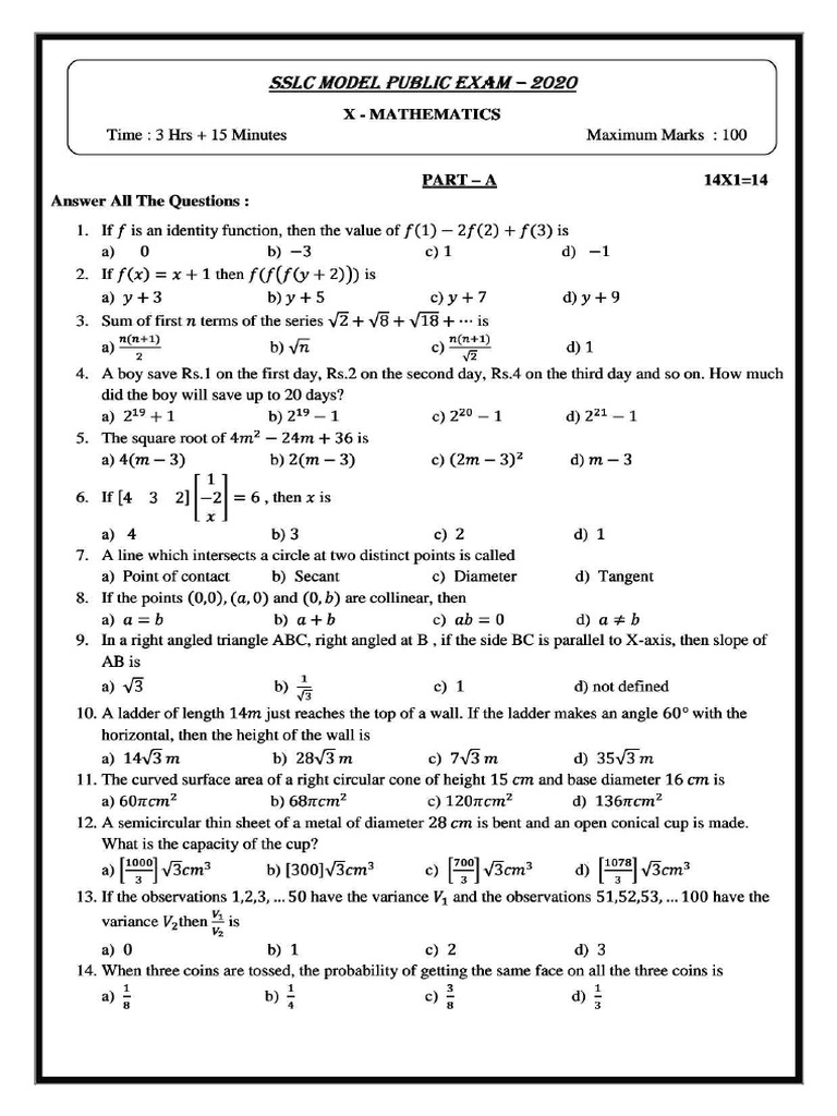 10th Maths Model Question Paper | PDF